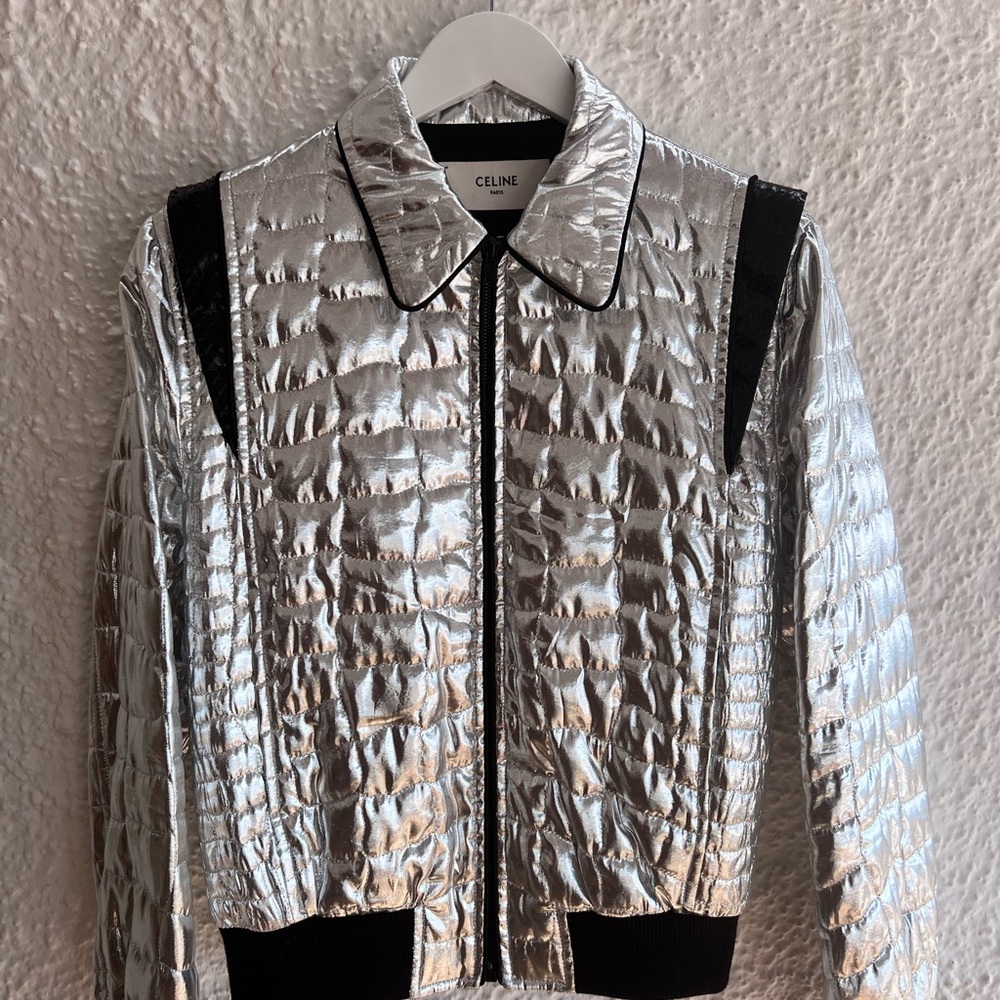 Celine X Hedi Slimane Silver Lamè crocodile embossed teddy jacket